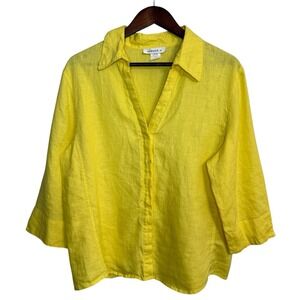 David N linen top women's XL yellow cruise vacation beachy coastal v-neck button